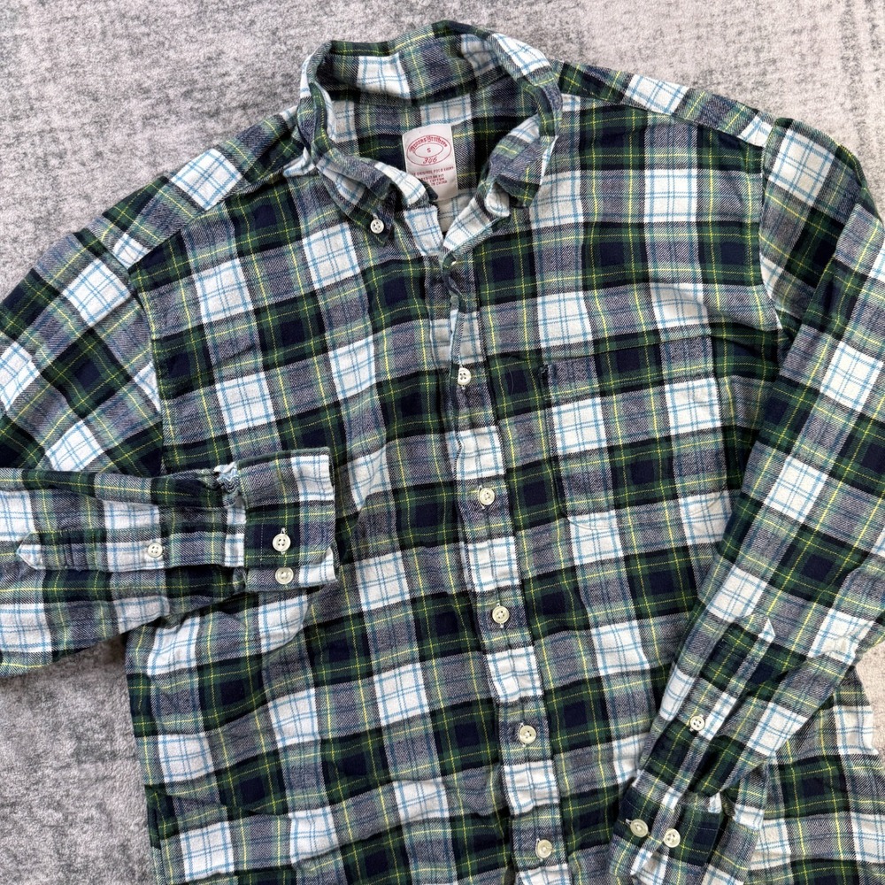 Brooks Brothers Flannel Shirt Mens Small Green Tartan Plaid Regular Fit Cotton